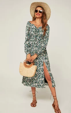 Deals ⭐ FS Collection Long Sleeves Floral Midi ???? Dress In Black Floral ⭐