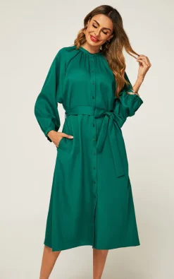 New ???? FS Collection Relaxed Midi ???? Shirt ???? Dress With Tie Waist In Green ????