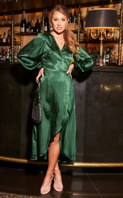 New ???? Gini London Green Long Sleeve Satin Wrap Midi ???? Dress ????