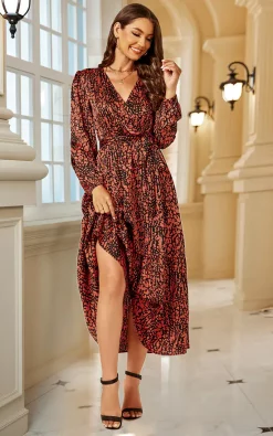 Deals ???? FS Collection Animal Print Long Sleeve Wrap Style Midi ???? Dress In Red Copper ????