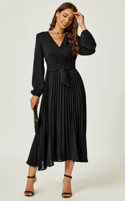 Budget ???? FS Collection Long Sleeve Pleated Midi ???? Dress In Black ????