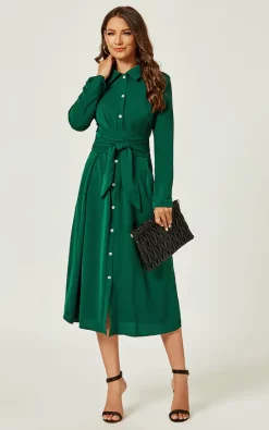 Deals ???? FS Collection Relaxed Long Sleeve Wrap Waist Midi ???? Shirt ???? Dress In Green ????