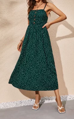 Budget ???? FS Collection Polka Dot Button Down Strappy Maxi ???? Dress In Dark Green ????