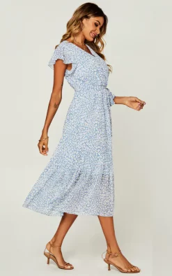 Hot Sale ✨ FS Collection Ruffled Angel Sleeve Wrap ???? Dress In Blue Leopard Print ⭐