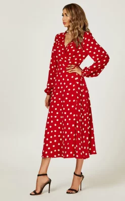 New ???? FS Collection Long Sleeve Midi Wrap ???? Dress In Red Dot Print ????