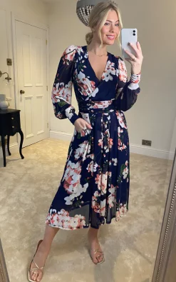 Best Sale ✔️ Jolie Moi Jasmine Long Sleeve Mesh ???? Dress, Navy Floral ????