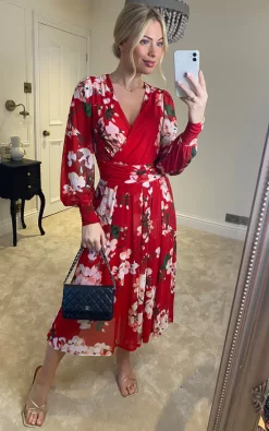 Deals ???? Jolie Moi Eileen Long Sleeve Mesh ???? Dress, Red Floral ????