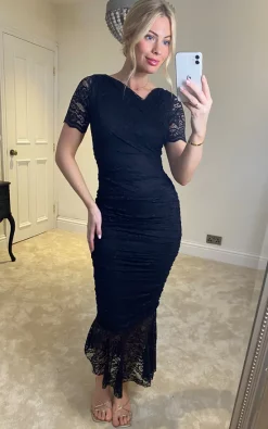 Deals ???? Feverfish Lace Asymmetric Ruched ???? Dress Black ????