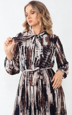 New ???? Boutique Store Cream Printed Tie Neck Pleated Midaxi ???? Dress ????