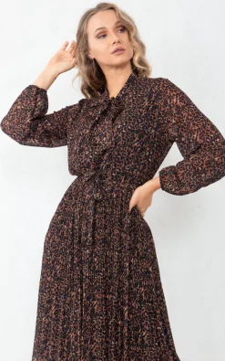 New ???? Boutique Store Tan Leopard Print Tie Neck Pleated Midaxi ???? Dress ????