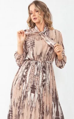 Promo ???? Boutique Store Sand Printed Tie Neck Pleated Midaxi ???? Dress ????