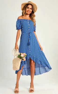 Best reviews of ???? FS Collection Polka Dot Bardot Frill High Low Slip Midi ???? Dress In Blue ????