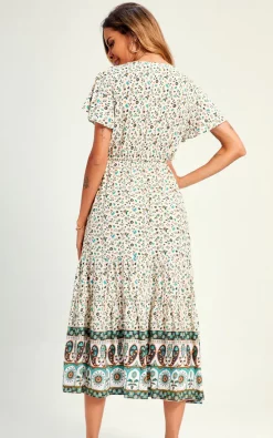 Best deal ???? FS Collection Little Floral Printed Tiered Boho Midi ???? Dress In Green ❤️