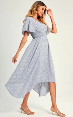 Best reviews of ???? FS Collection Little Flora Print Elasticated Waist High Low Midi ???? Dress In Grey Blue ????