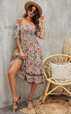 Best deal ???? FS Collection Pink & Mint Floral Print Boho Bardot Midi ???? Dress In White ????