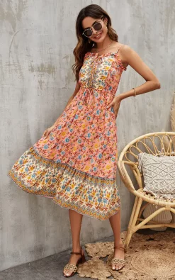 Hot Sale ???? FS Collection Blue & Yellow Floral Button Front Strappy Midi ???? Dress In Pink ????