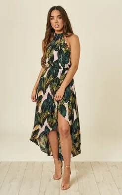 Cheapest ???? AX Paris Leaf Print Asymmetric Choker Neck Midi ???? Dress ????