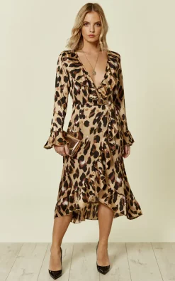Cheap ⭐ ForevaYoung1 Leopard Wrap Closed Midi ???? Dress In Brown ????