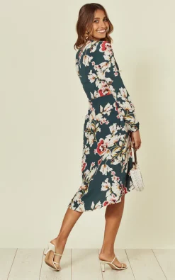 Hot Sale ???? Stardust + Steel Long Sleeve High Low ???? Dress In Forest Green Floral Print ????