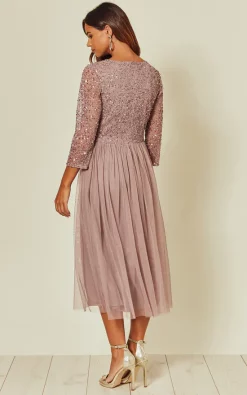 Cheapest ???? ANGELEYE Embellished Sequin Sleeves Midi ???? Dress In Lavender ????