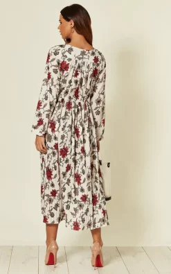 Promo ???? Shikha London Cross Over Long Sleeve Midi ???? Dress In White Floral Print ????