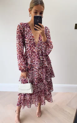 Best Sale ???? Pretty Lavish Ashton Ruffle Midi ???? Dress Coral Abstract ⌛