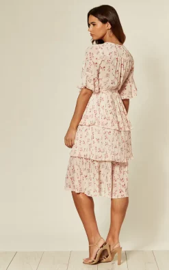 Top 10 ???? Shikha London Tiered Midi ???? Dress In Pink Floral Print ????