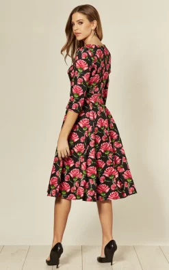Deals ❤️ Hearts And Roses London 3/4 Sleeve Midi ???? Dress In Black Rose Floral Print ????