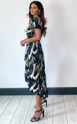 Wholesale ???? TENKI LONDON Leaf Print Ruffle Wrap Maxi ???? Dress In Green ✔️