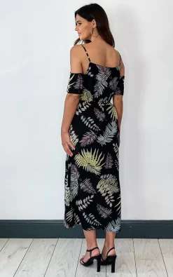 Flash Sale ✔️ Shikha London Button Up Cold Shoulder Strappy Midi ???? Dress With Leaf Print In Black ????