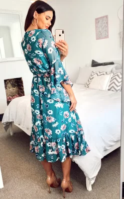 Wholesale ???? Shikha London Floral Ruffle Sleeve Midi ???? Dress In Green ????