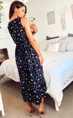 Budget ✨ Shikha London Floral Shirred Waist Midi ???? Dress Blue ????