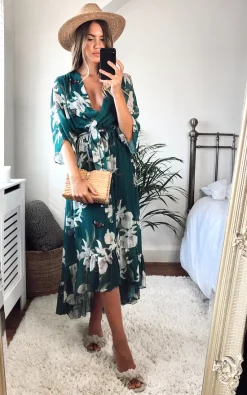 Wholesale ❤️ URBAN TOUCH Kimono Wrap Floral ???? Dress Dark Green ????