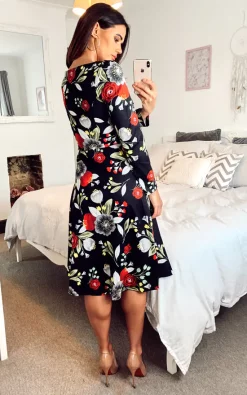 Top 10 ???? Hearts And Roses London Black Longsleeve Skater ???? Dress With White Grey And Yellow Floral Print ????
