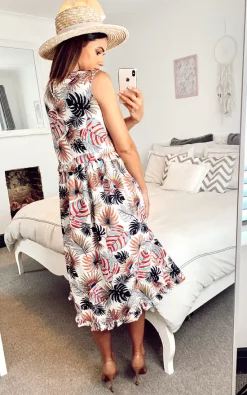 Hot Sale ???? Shikha London Tropical Leaf Print Frill Hem Midi ???? Dress White ????