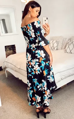 Cheap ???? Shikha London Floral Off Shoulder Shirred Details Asymmetric Frill Hem Midi ???? Dress Black ????