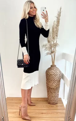 Top 10 ???? CY Boutique Soft Knitted Ribbed Midi Bodycon ???? Dress In Black Cream Contrast Design ????