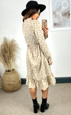 Discount ???? Shikha London Floral Long Sleeve Tie Neck Tiered Button Up Smock Midi ???? Dress Beige ????