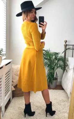 New ???? Yumi Mustard Knitted Skater ???? Dress With Button Mustard ????