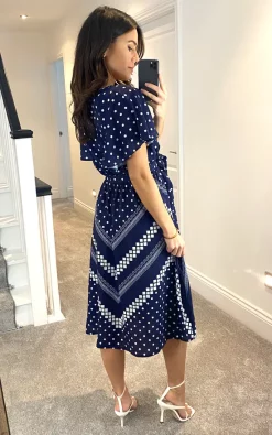 Promo ???? Goddiva Wrap Style Flutter Sleeve Printed Midi ???? Dress In Navy ????