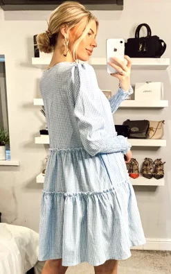 Cheap ???? CY Boutique Blue Check Print Cotton ???? Dress With Shirred Elastciated Cuff Sleeves ????