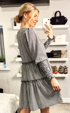 Cheapest ???? CY Boutique Black Check Print Cotton ???? Dress With Shirred Elastciated Cuff Sleeves ????