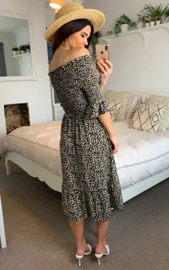 New ❤️ Shikha London Off Shoulder Tiered Midi ???? Dress In Black Ditsy Floral ✨