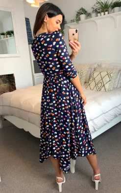 Wholesale ???? Jolie Moi Knot Front Hanky Hem ???? Dress, Navy Floral ????