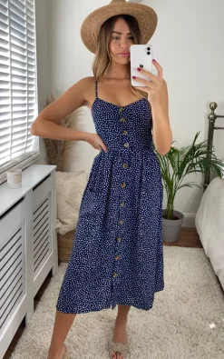 Top 10 ???? Miss Floral Floral Print Button Through Strappy Midi ???? Dress In Navy ????