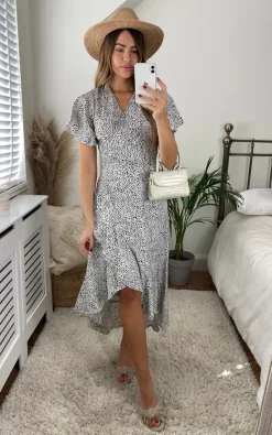 Flash Sale ???? Miss Floral Dalmatian Spot Print Frill Midi Wrap ???? Dress In White ????