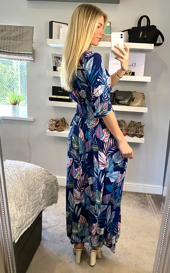 Hot Sale ???? ANGELEYE Multi Print Feather Buttoned Midi ???? Dress In Navy ????