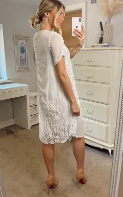Promo ???? CY Boutique White Oversized ???? Dress With Chiffon & Lace Details ????