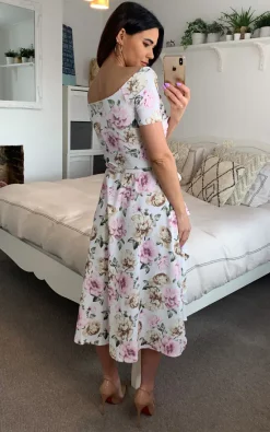 Cheapest ???? Feverfish Bardot Frill Midi Print ???? Dress Pink White ✨