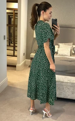 Cheap ???? D.Anna Green/White Heart Print Short Sleeve Wrap ???? Dress With Belt Fastening ????